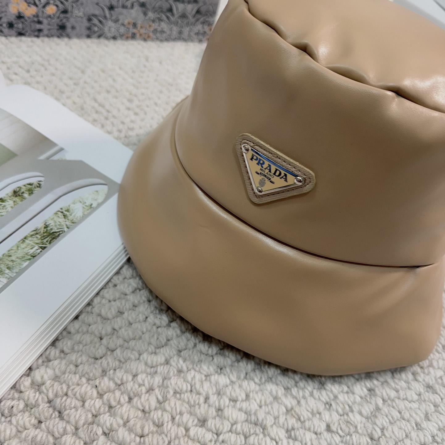 Prada Enamelled-logo Leather Bucket Hat - FashionPlug