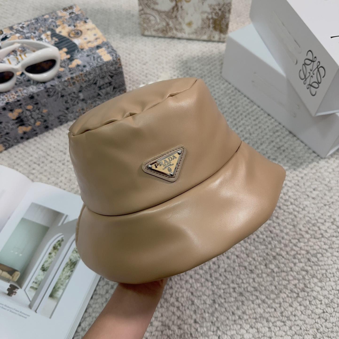 Prada Enamelled-logo Leather Bucket Hat - FashionPlug