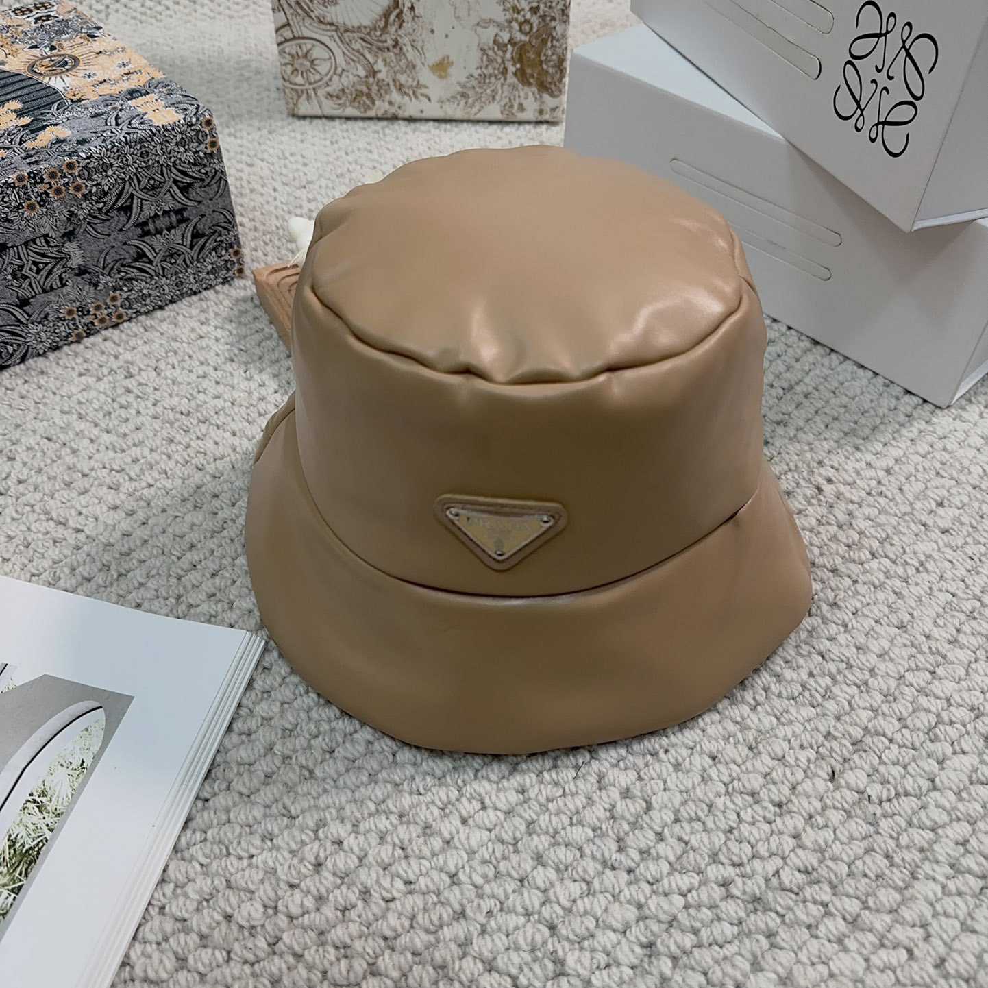 Prada Enamelled-logo Leather Bucket Hat - FashionPlug