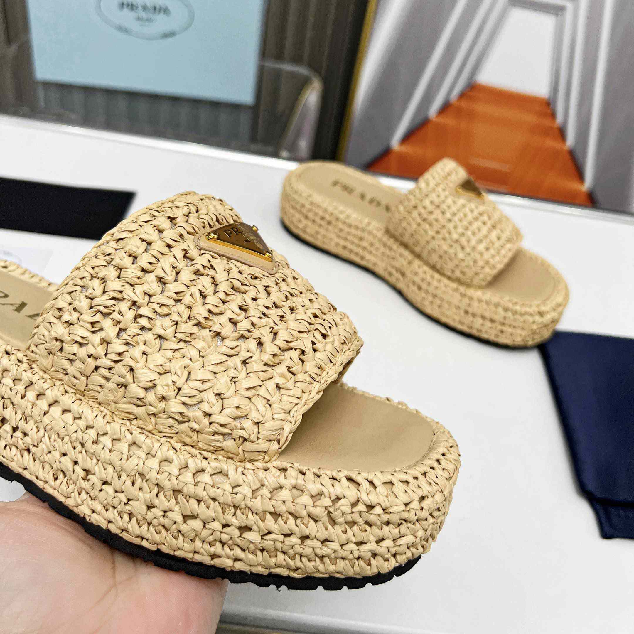 Prada Raffia Single-Band Platform Slides - FashionPlug