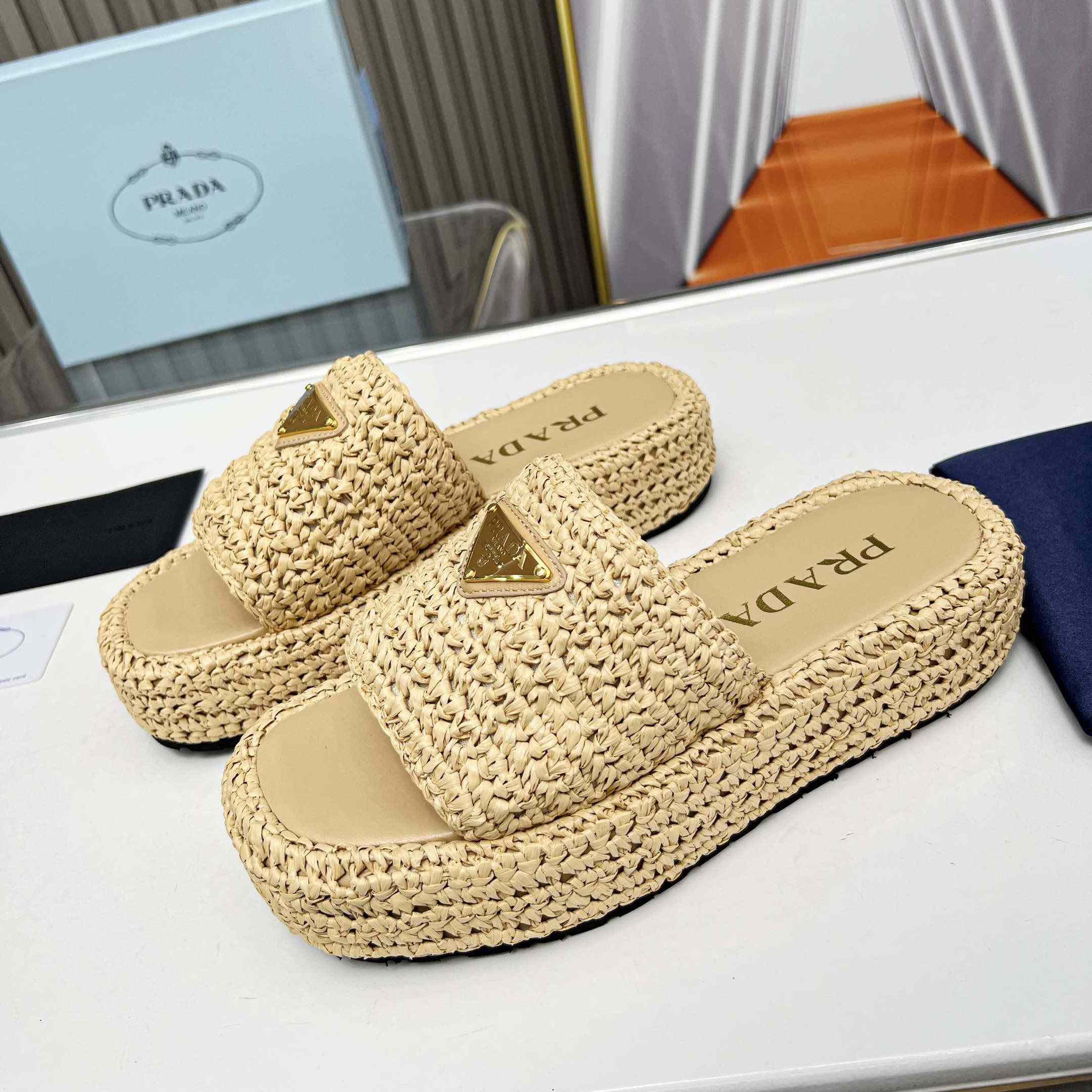Prada Raffia Single-Band Platform Slides - FashionPlug