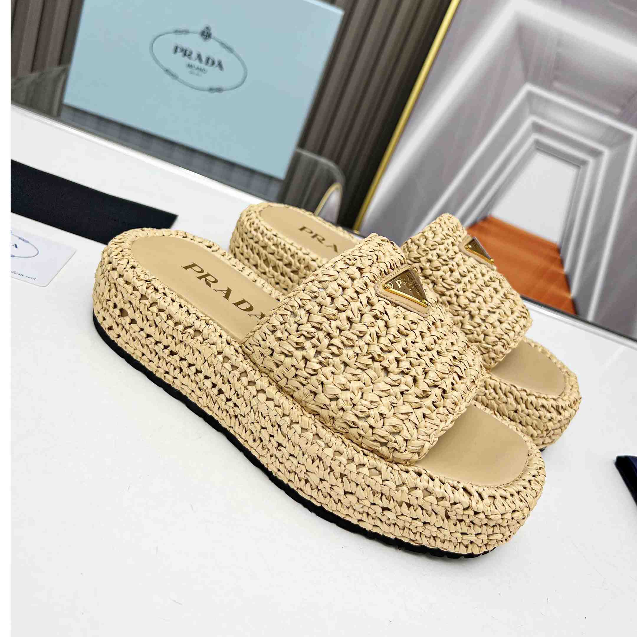 Prada Raffia Single-Band Platform Slides - FashionPlug