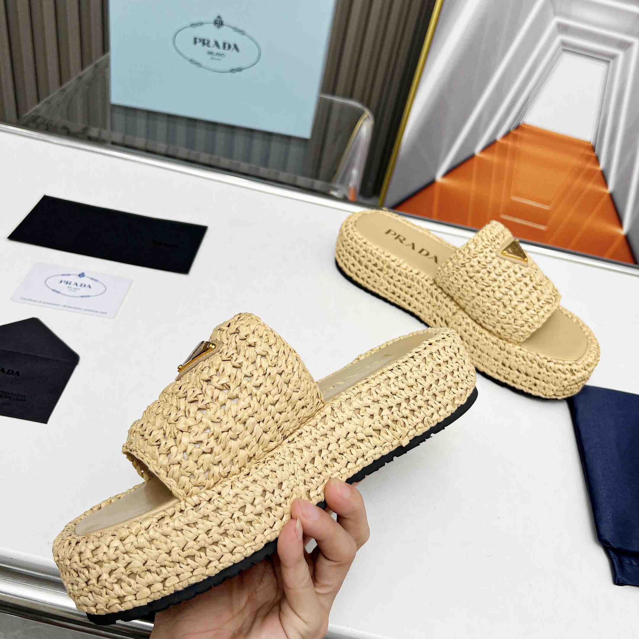 Prada Raffia Single-Band Platform Slides - FashionPlug