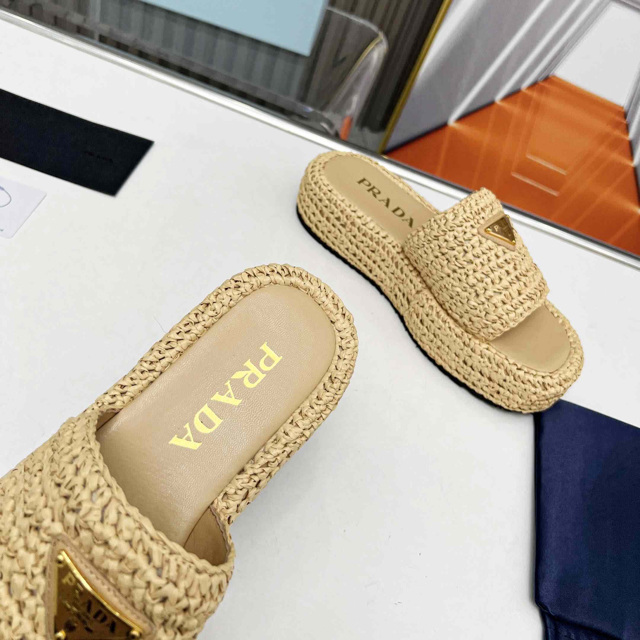 Prada Raffia Single-Band Platform Slides - FashionPlug