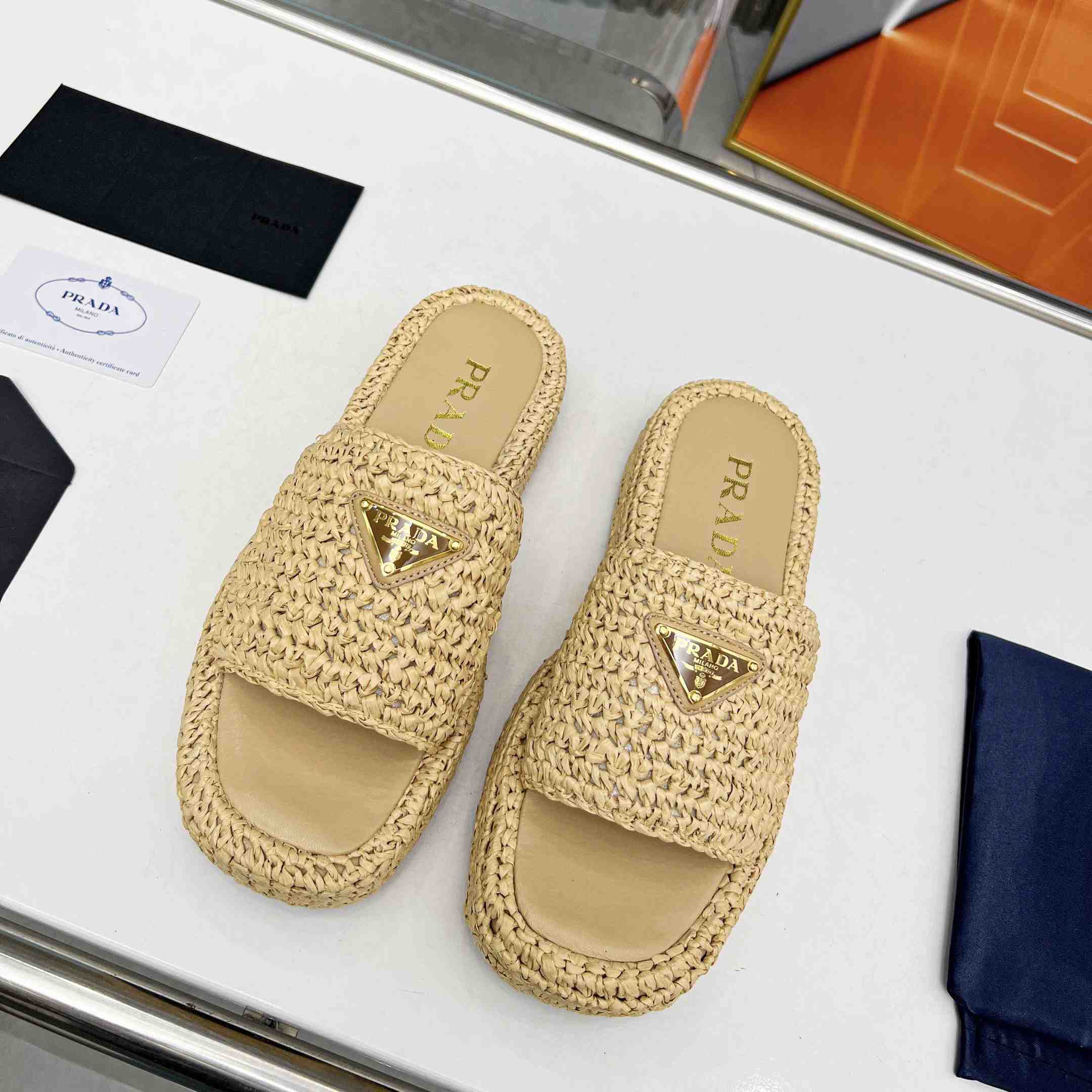 Prada Raffia Single-Band Platform Slides - FashionPlug