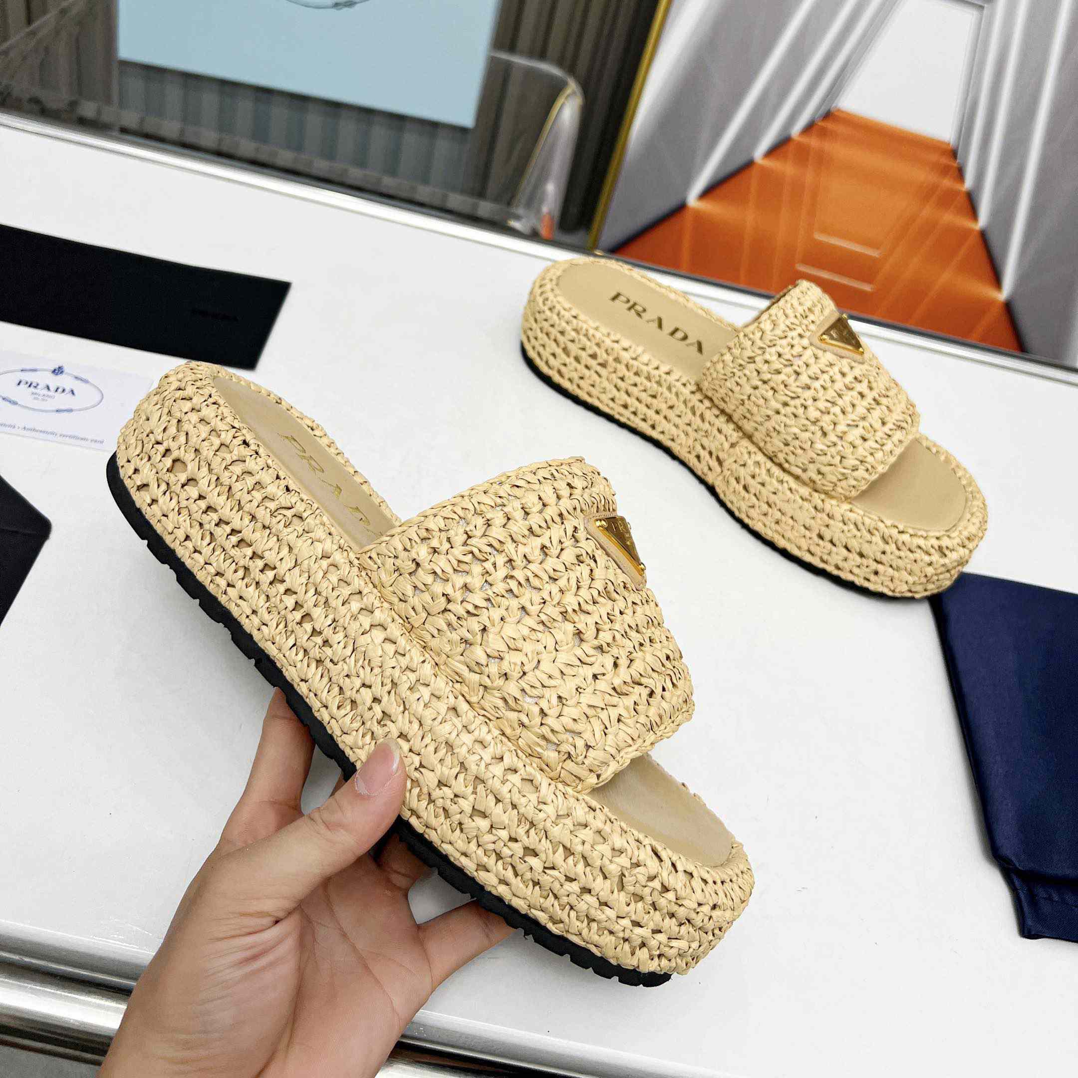 Prada Raffia Single-Band Platform Slides - FashionPlug