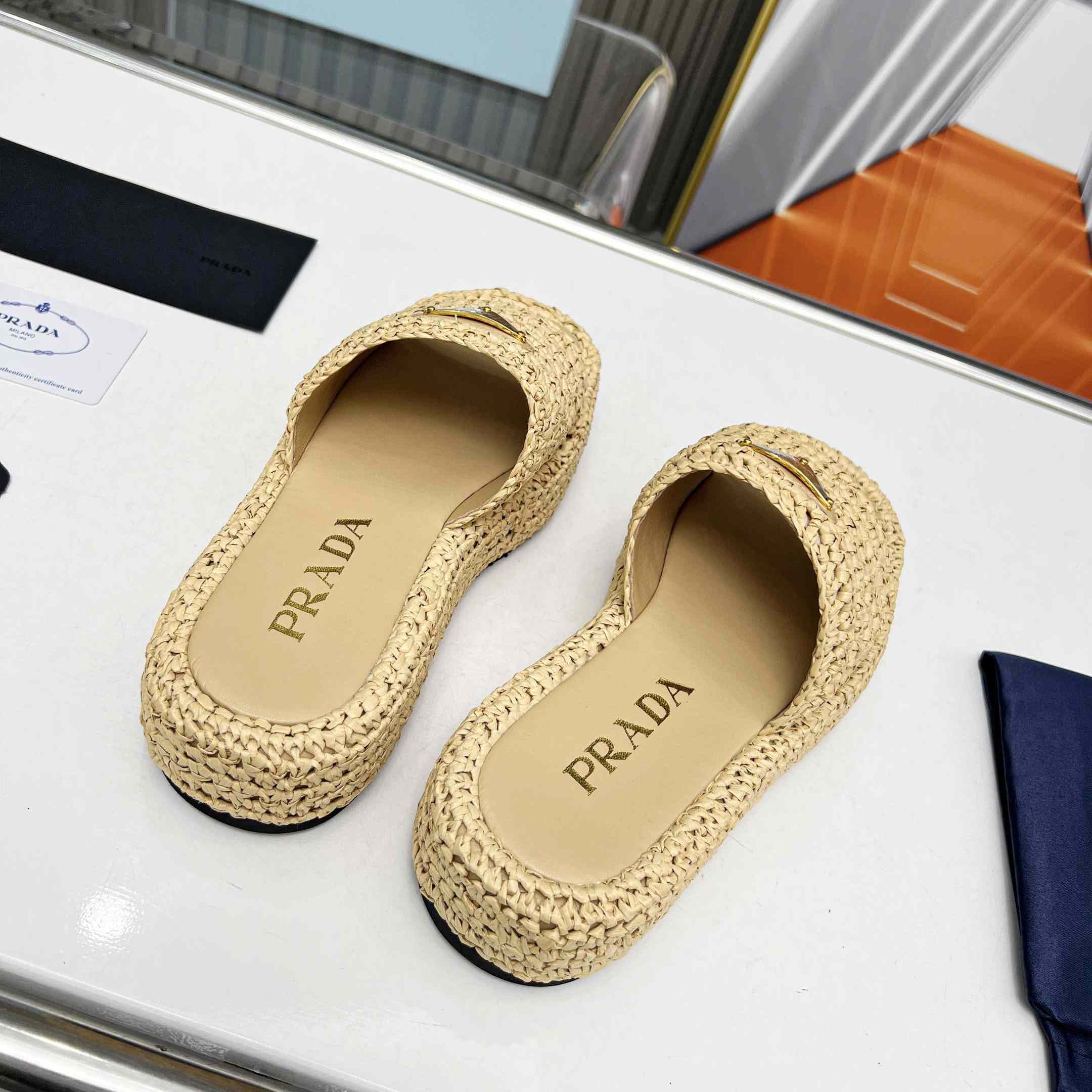 Prada Raffia Single-Band Platform Slides - FashionPlug