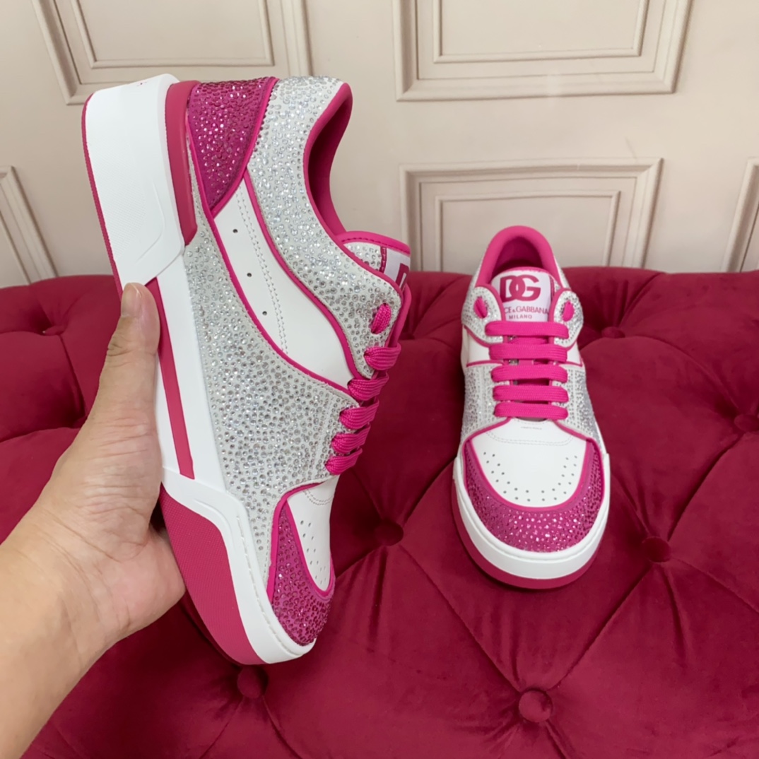 Dolce & Gabbana Women's Pink Crystal-embellished Leather Sneakers - FashionPlug