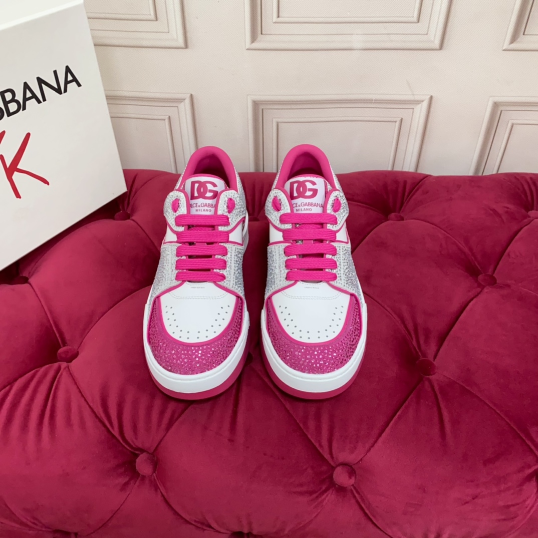 Dolce & Gabbana Women's Pink Crystal-embellished Leather Sneakers - FashionPlug