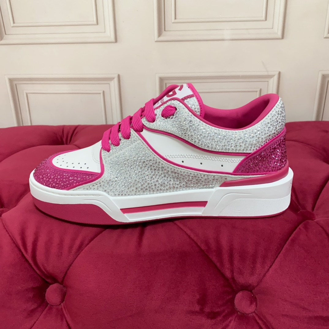 Dolce & Gabbana Women's Pink Crystal-embellished Leather Sneakers - FashionPlug
