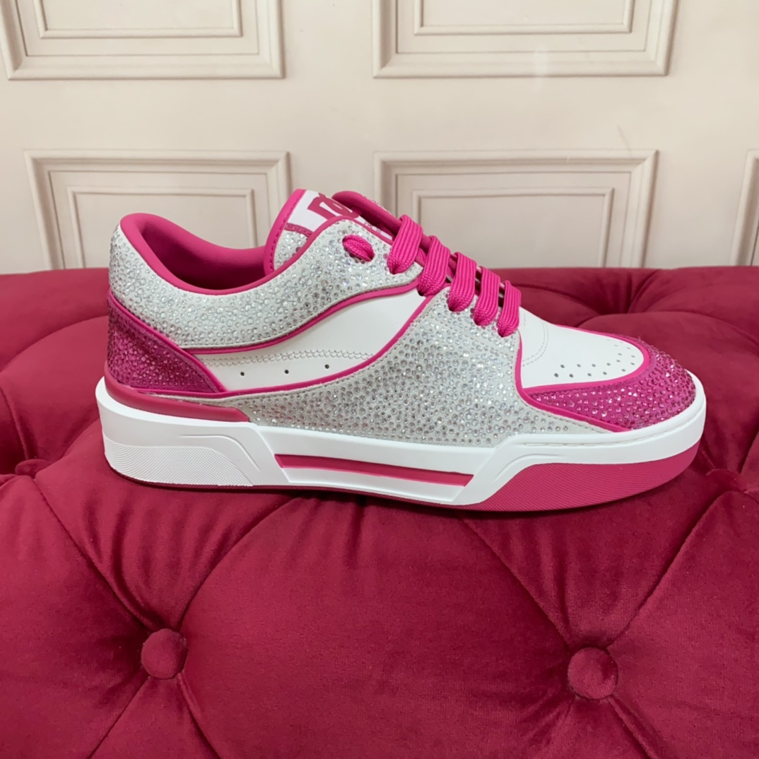 Dolce & Gabbana Women's Pink Crystal-embellished Leather Sneakers - FashionPlug
