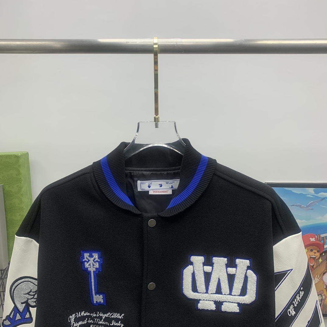 Off White Patch-detail Wool Bomber Jacket - FashionPlug