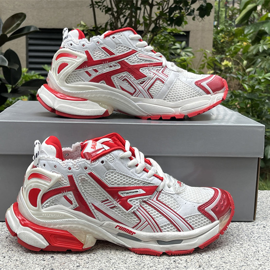Balenciaga Runner Sneaker In White And Red Mesh And Nylon - FashionPlug