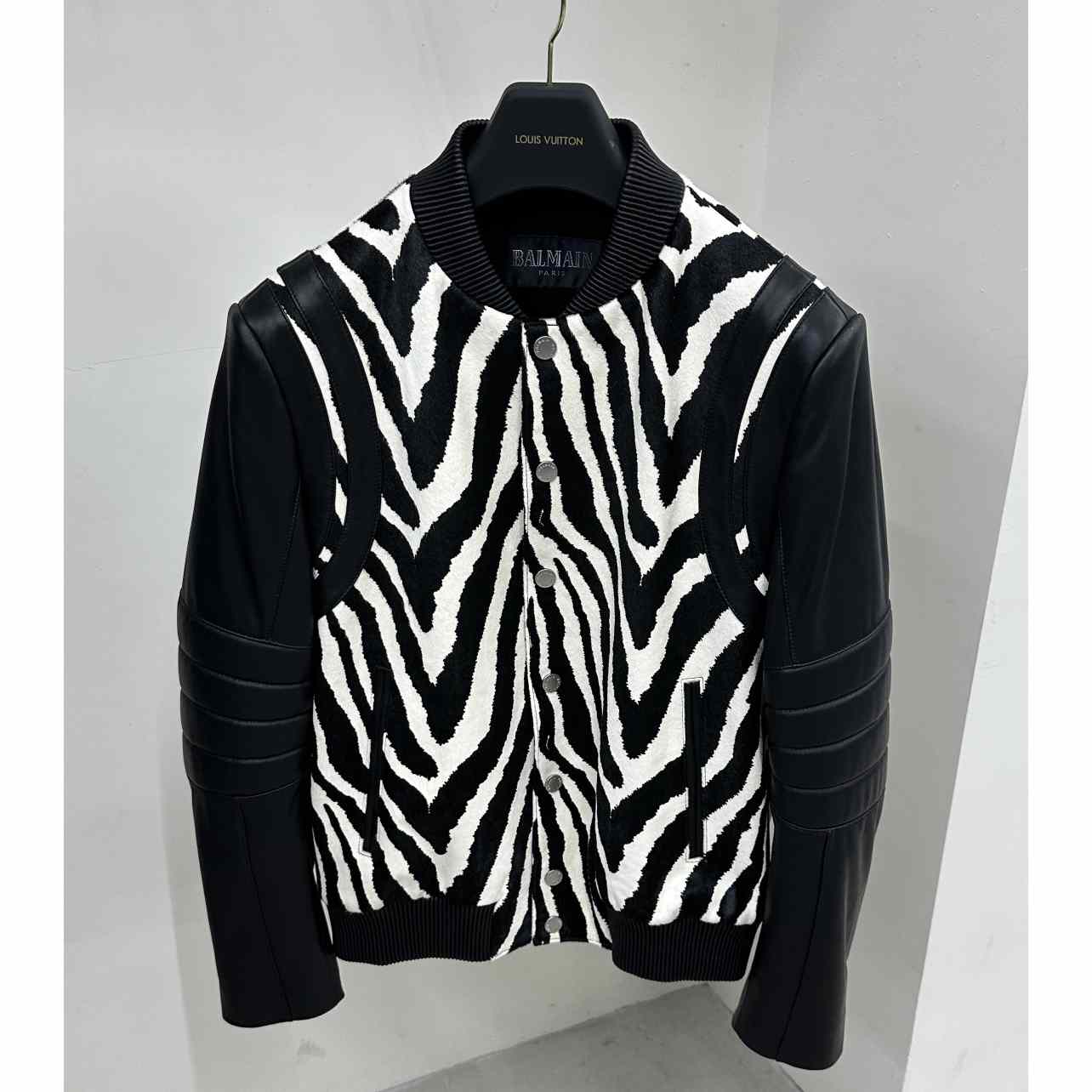 Balmain Zebra Pattern Leather Bomber Jacket - FashionPlug