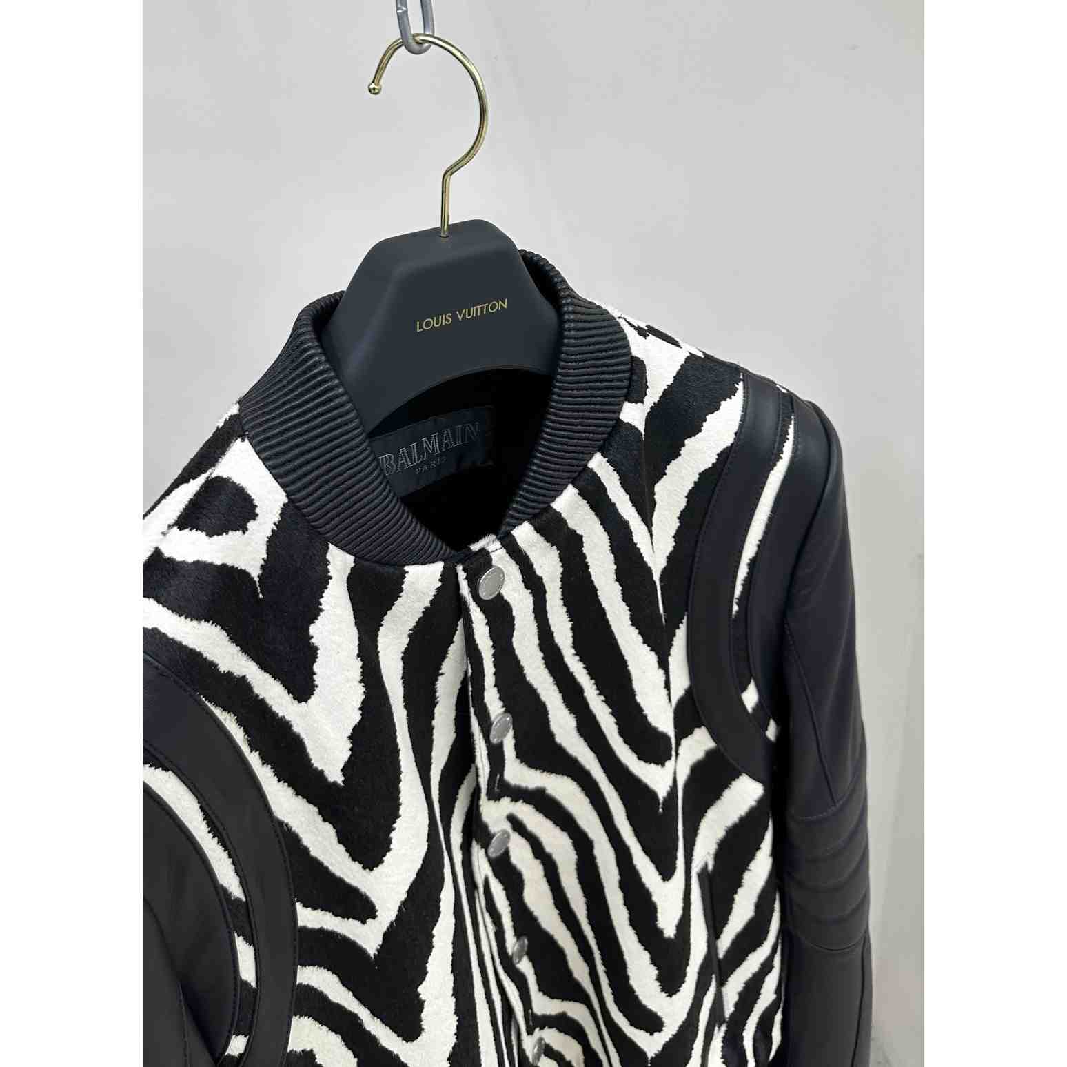 Balmain Zebra Pattern Leather Bomber Jacket - FashionPlug