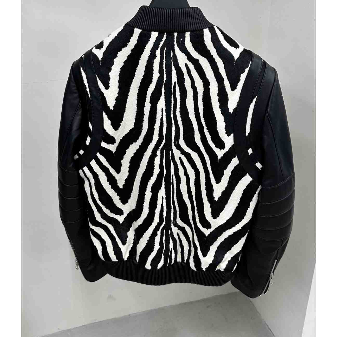 Balmain Zebra Pattern Leather Bomber Jacket - FashionPlug
