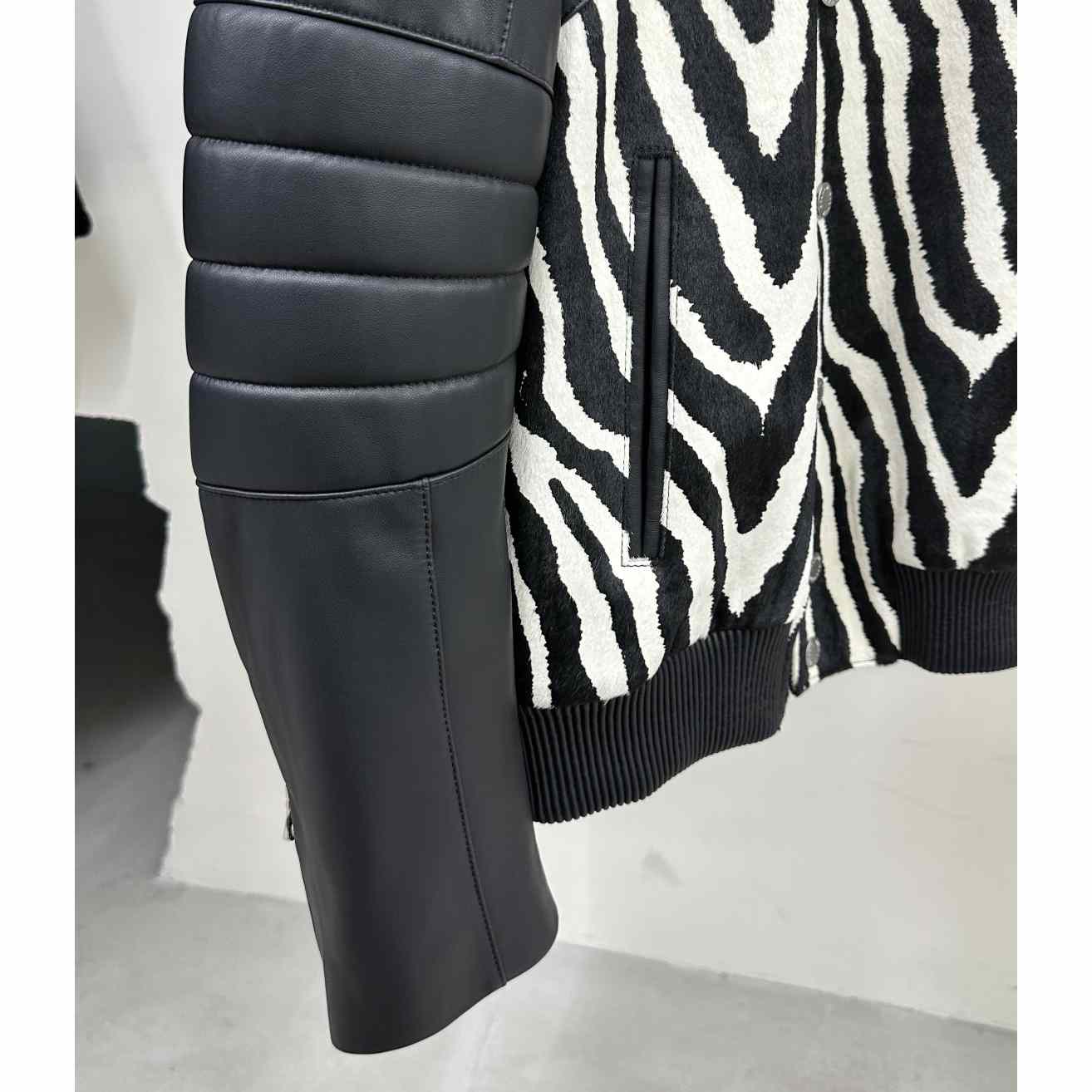 Balmain Zebra Pattern Leather Bomber Jacket - FashionPlug