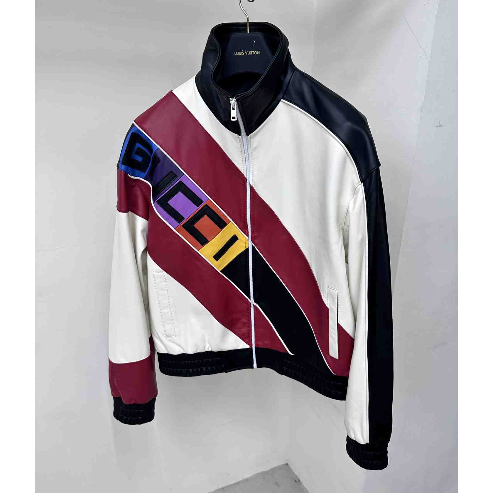 Gucci Leather Bomber Jacket With Gucci Lettering - FashionPlug