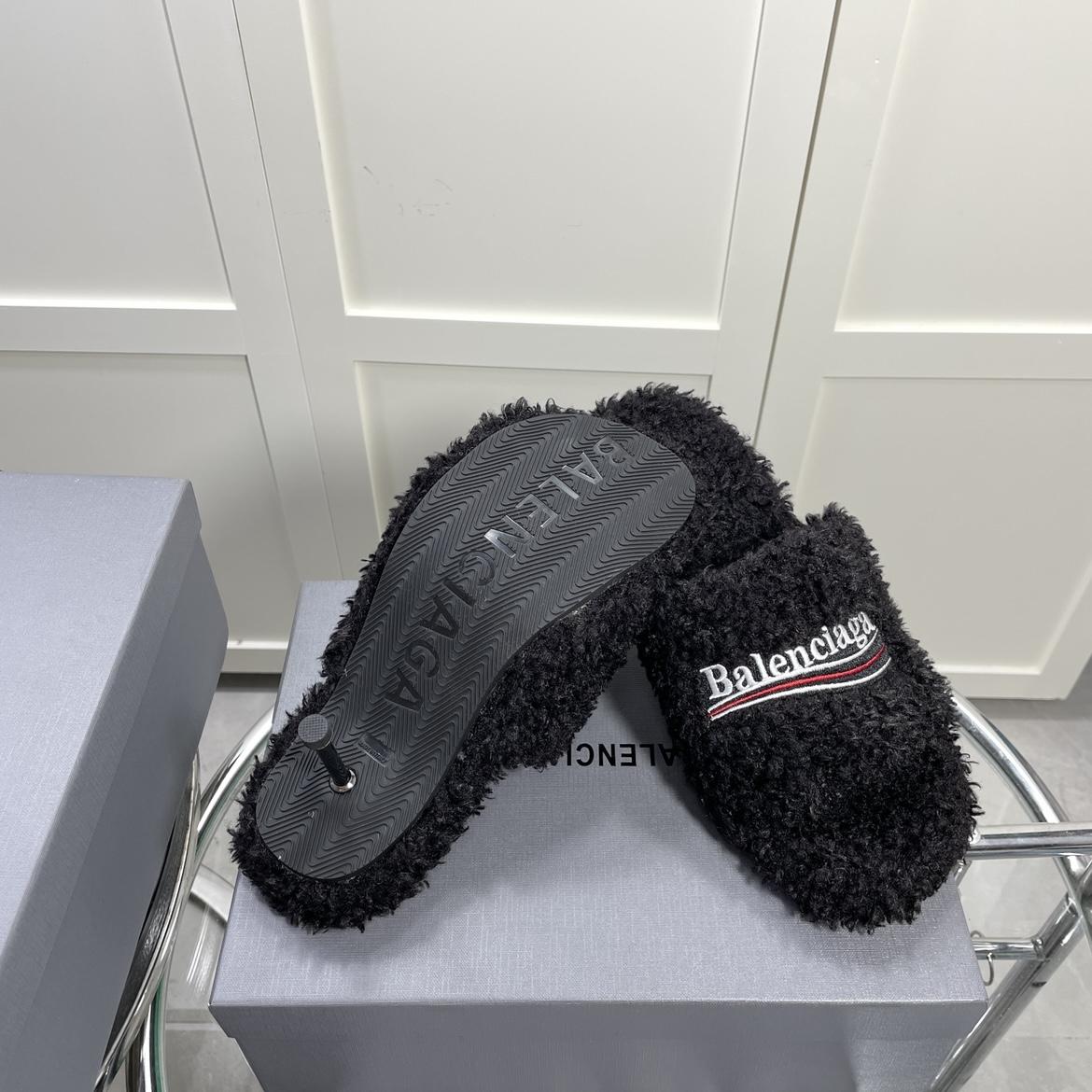 Balenciaga Furry Sandals In Black - FashionPlug
