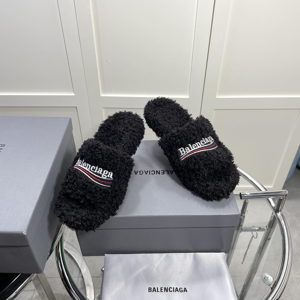 Balenciaga Furry Sandals In Black - FashionPlug