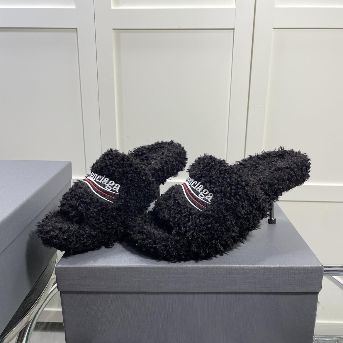 Balenciaga Furry Sandals In Black - FashionPlug