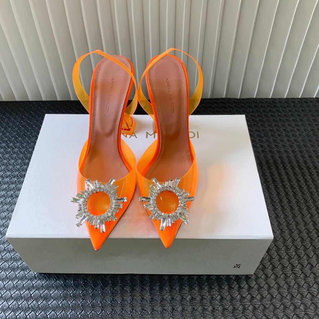 Amina Muaddi Begum Glass Orange Slingbacks - FashionPlug
