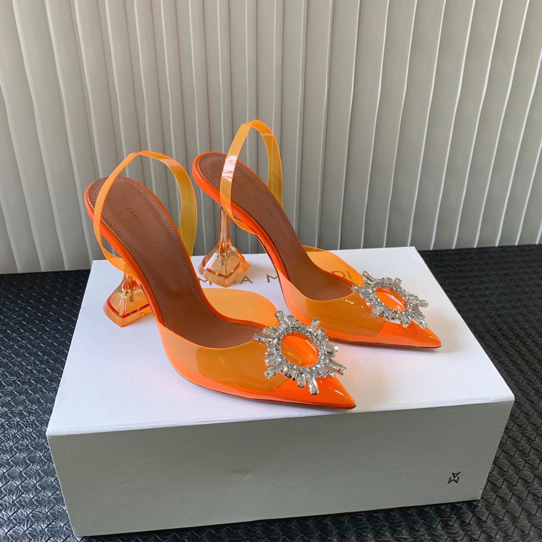 Amina Muaddi Begum Glass Orange Slingbacks - FashionPlug