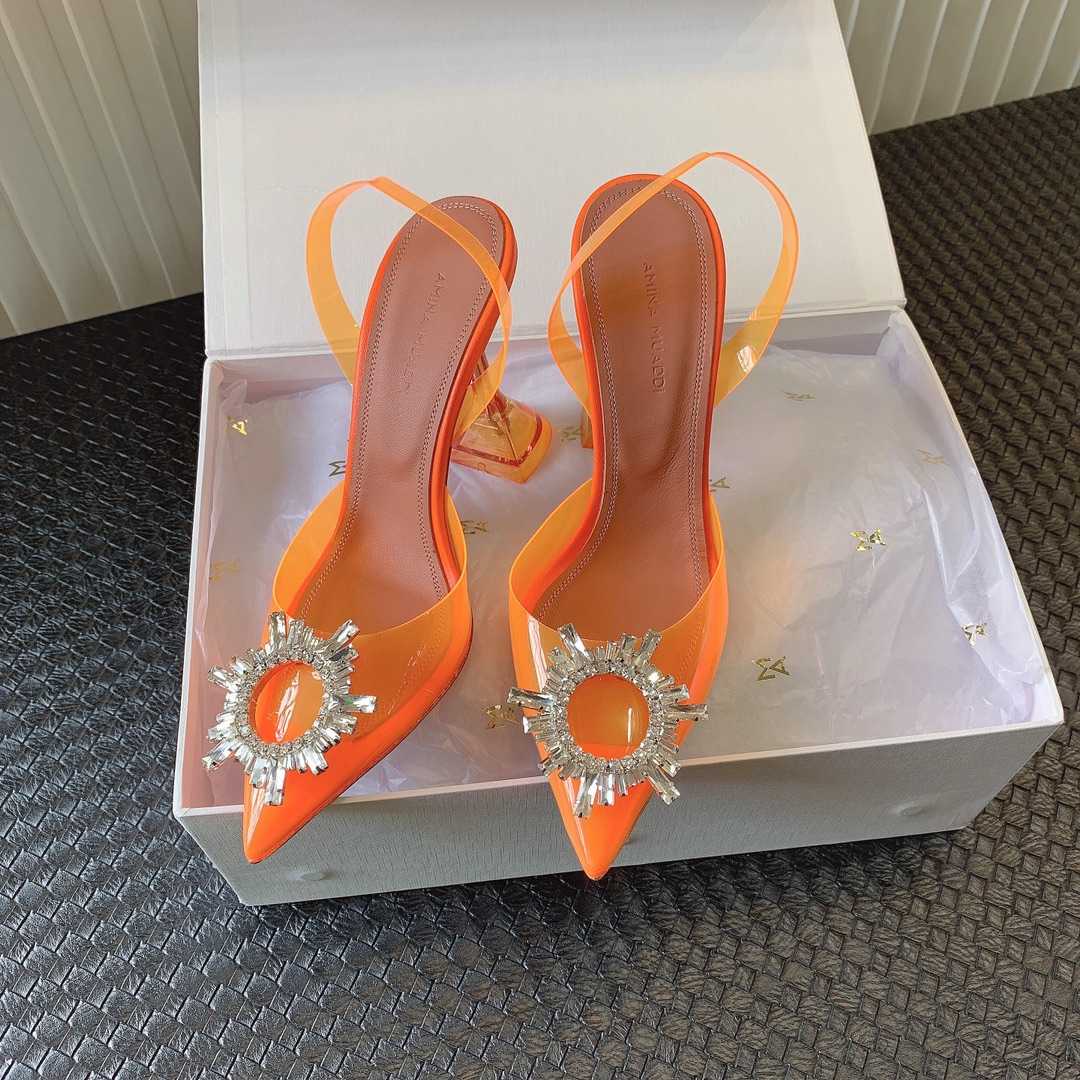 Amina Muaddi Begum Glass Orange Slingbacks - FashionPlug