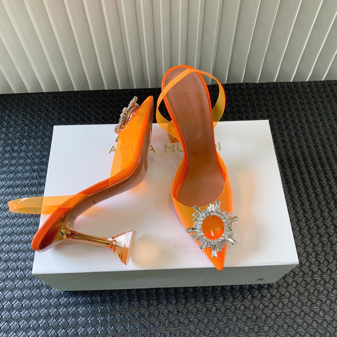 Amina Muaddi Begum Glass Orange Slingbacks - FashionPlug