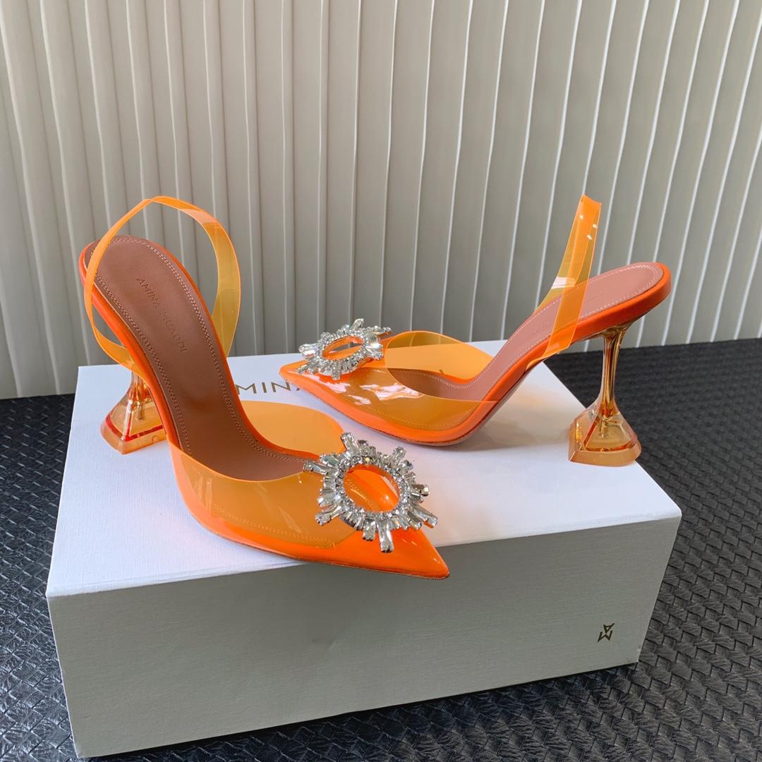 Amina Muaddi Begum Glass Orange Slingbacks - FashionPlug