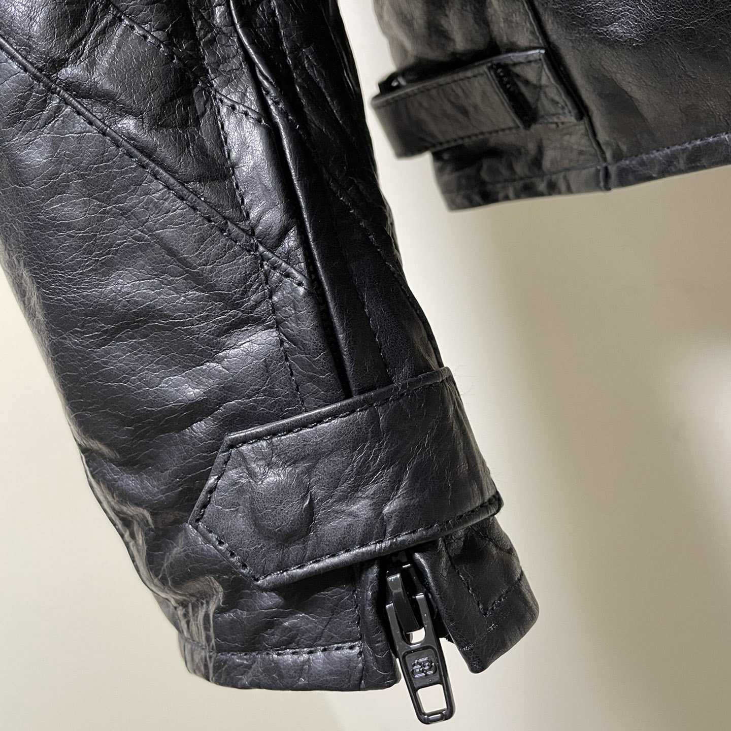Balenciaga Contrast Logo Leather Moto Jacket - FashionPlug