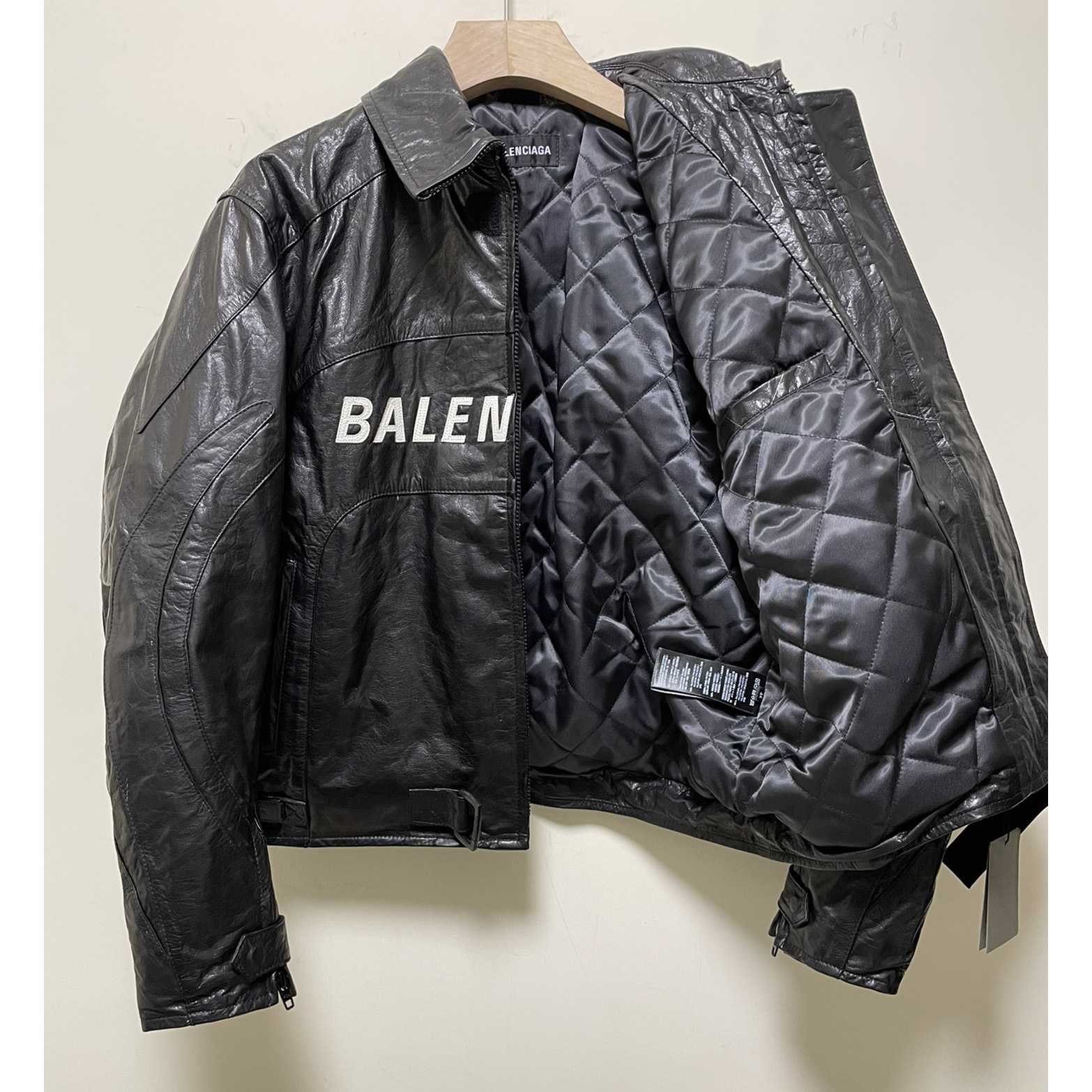 Balenciaga Contrast Logo Leather Moto Jacket - FashionPlug