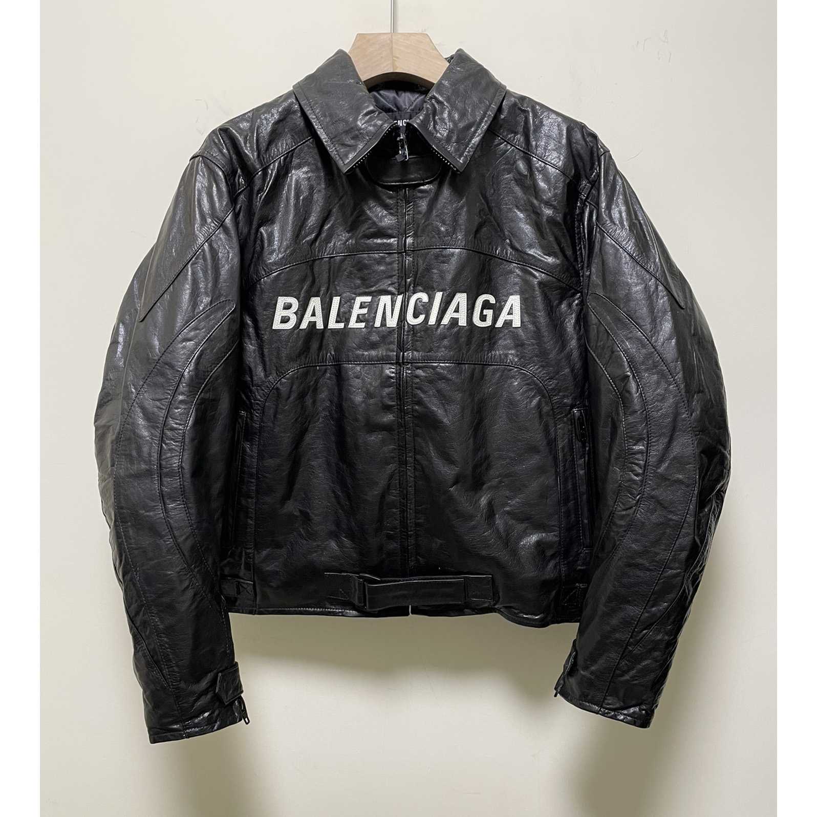 Balenciaga Contrast Logo Leather Moto Jacket - FashionPlug