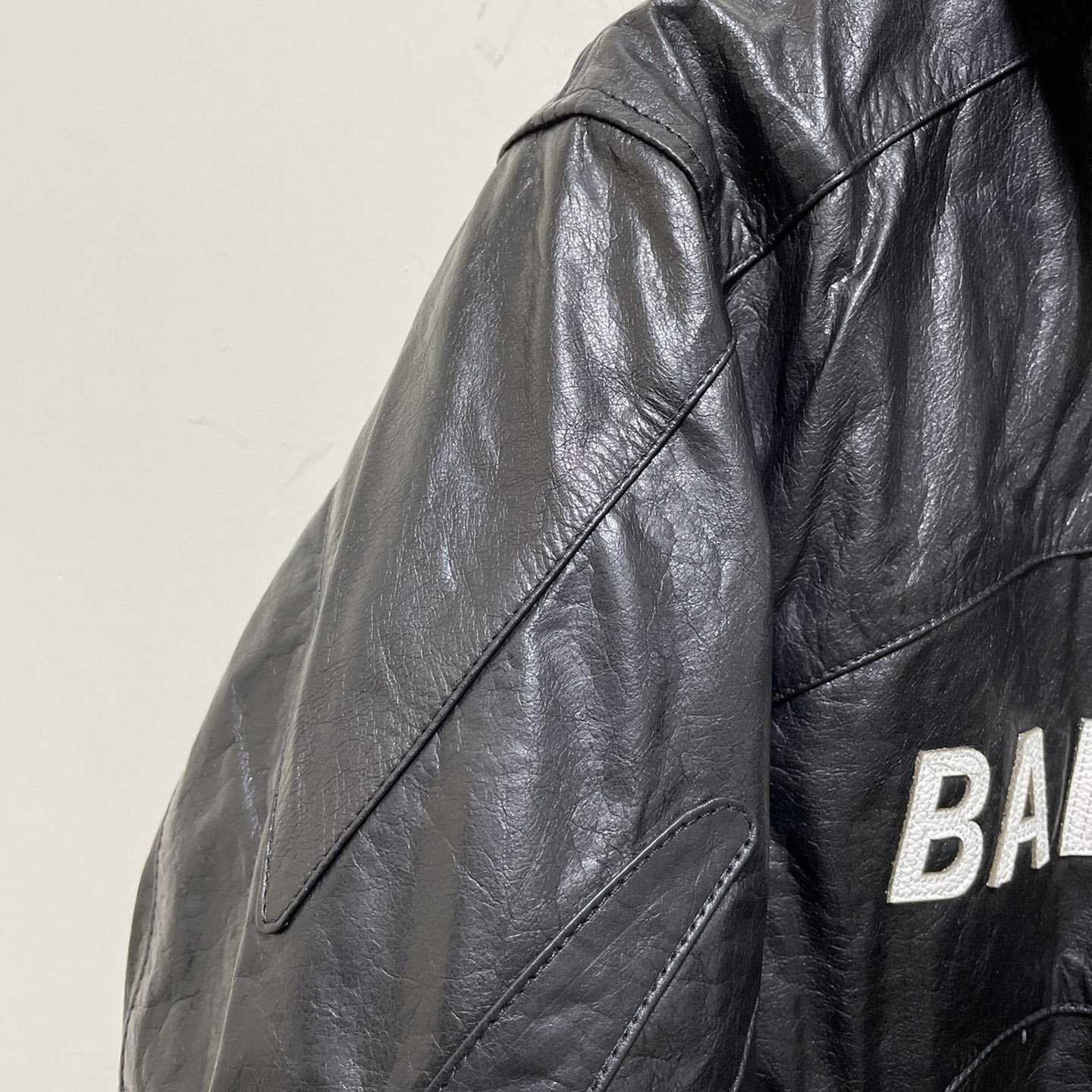 Balenciaga Contrast Logo Leather Moto Jacket - FashionPlug