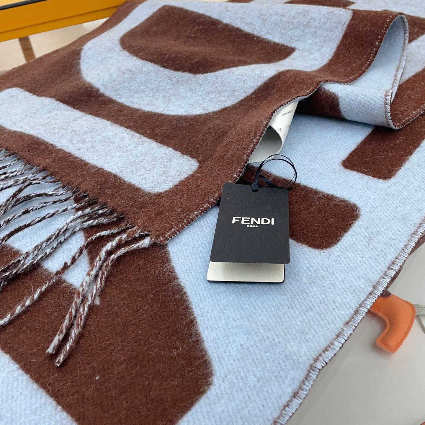 Fendi Brown And Light Blue Wool Scarf  - FashionPlug