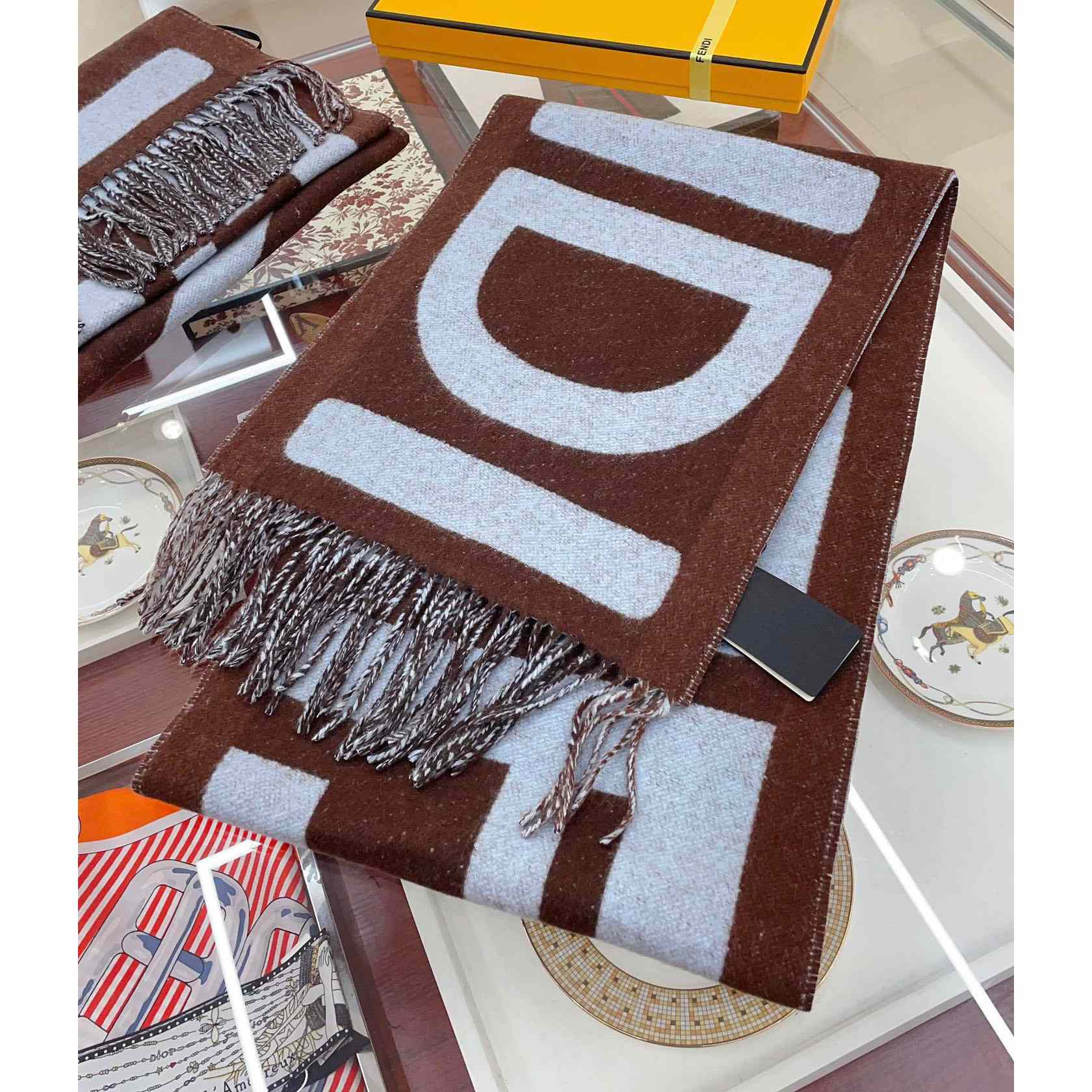 Fendi Brown And Light Blue Wool Scarf  - FashionPlug
