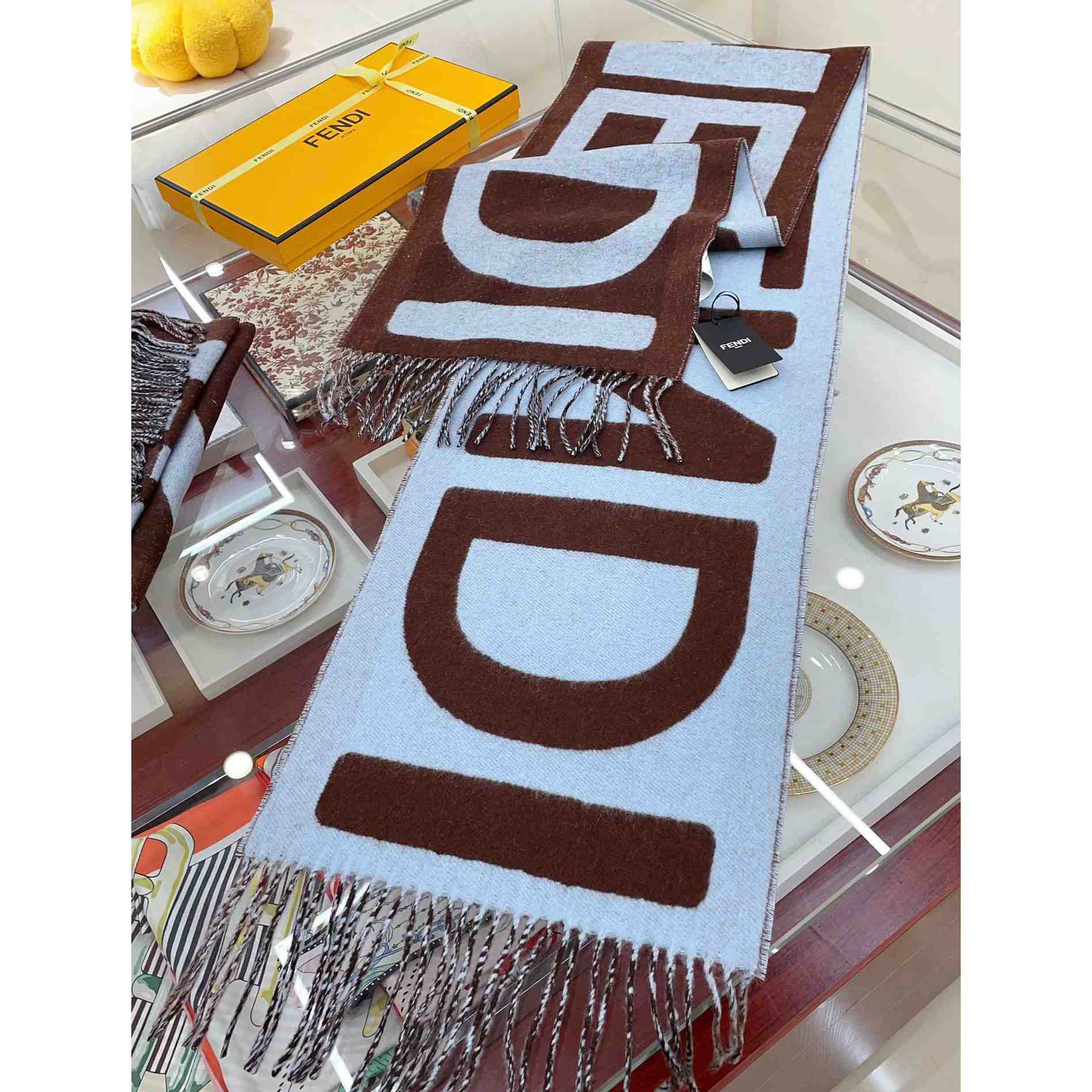 Fendi Brown And Light Blue Wool Scarf  - FashionPlug