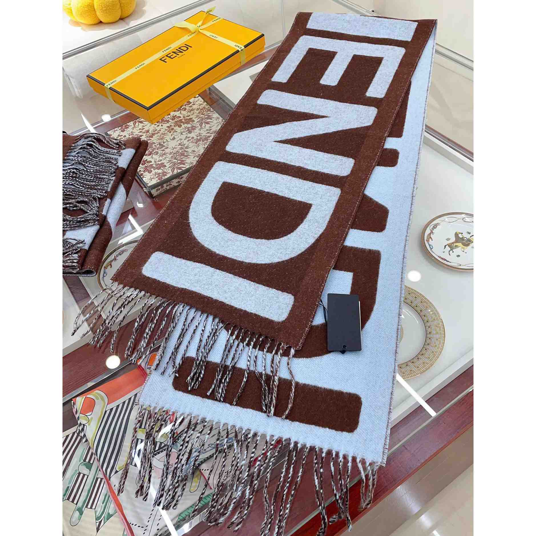 Fendi Brown And Light Blue Wool Scarf  - FashionPlug