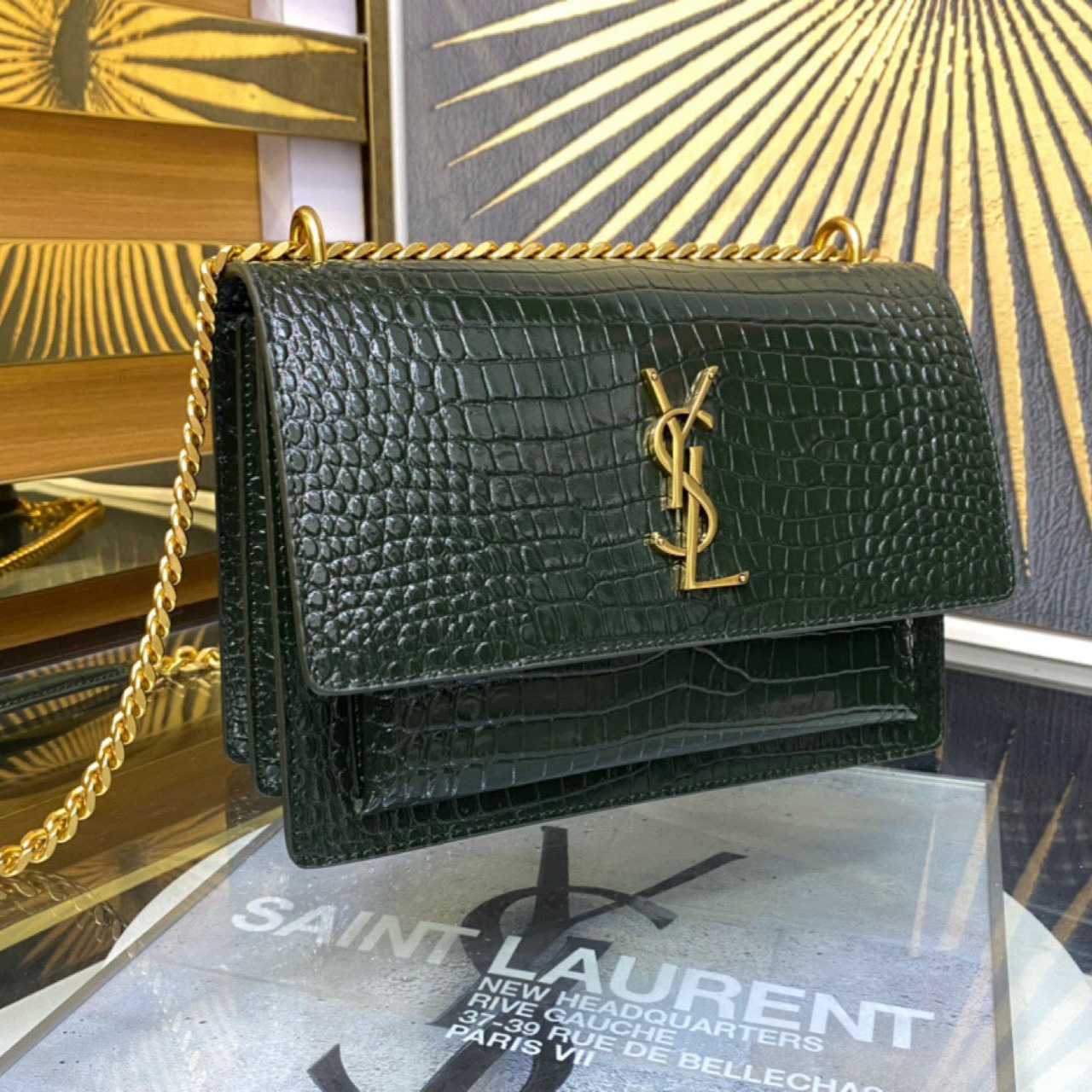 Saint Laurent Sunset Medium In Crocodile Embossed Leather(22-8-16cm) - FashionPlug