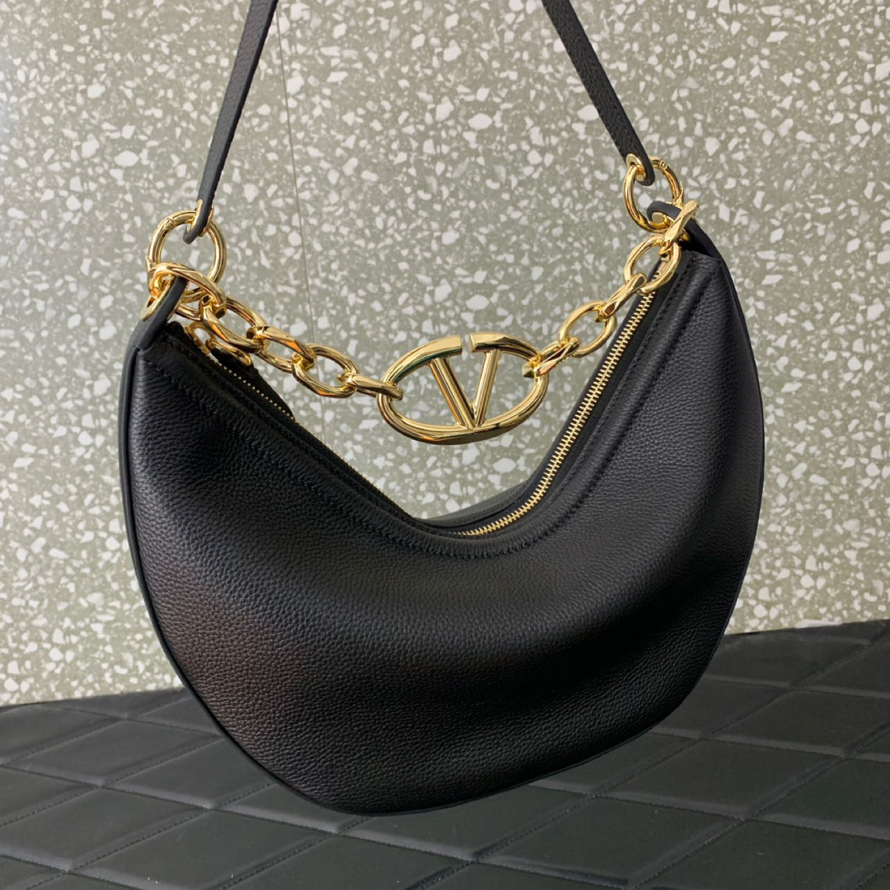Valenti Small VLogo Moon Hobo Bag In Leather With Chain  - FashionPlug