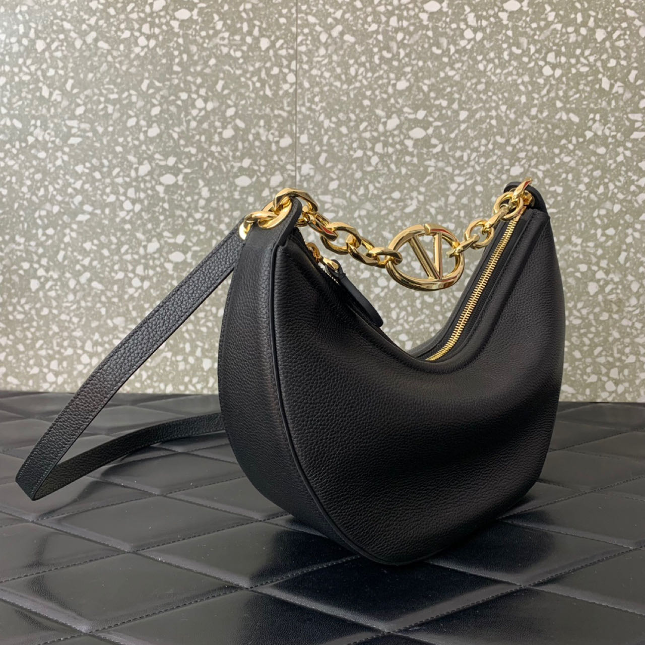 Valenti Small VLogo Moon Hobo Bag In Leather With Chain  - FashionPlug