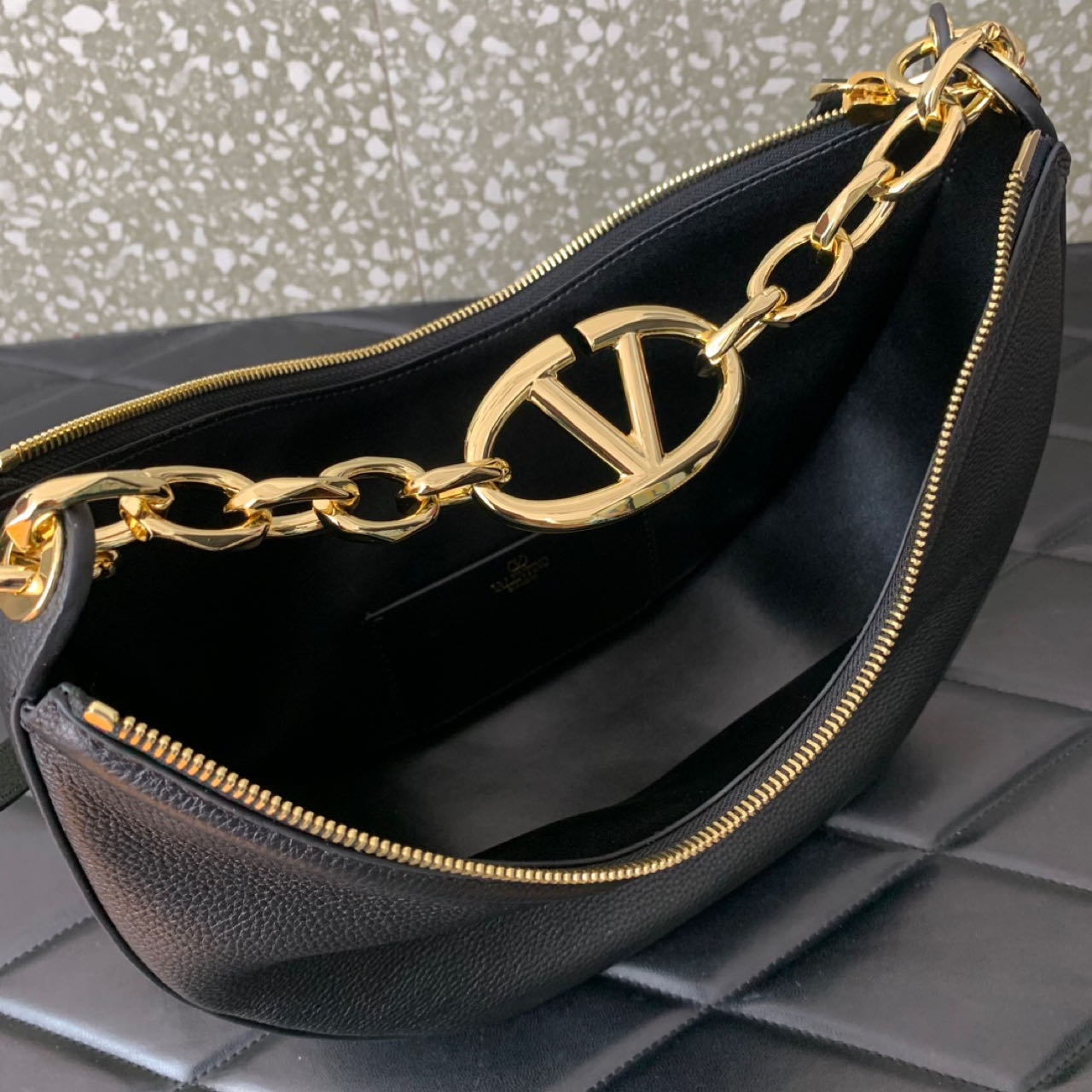 Valenti Small VLogo Moon Hobo Bag In Leather With Chain  - FashionPlug