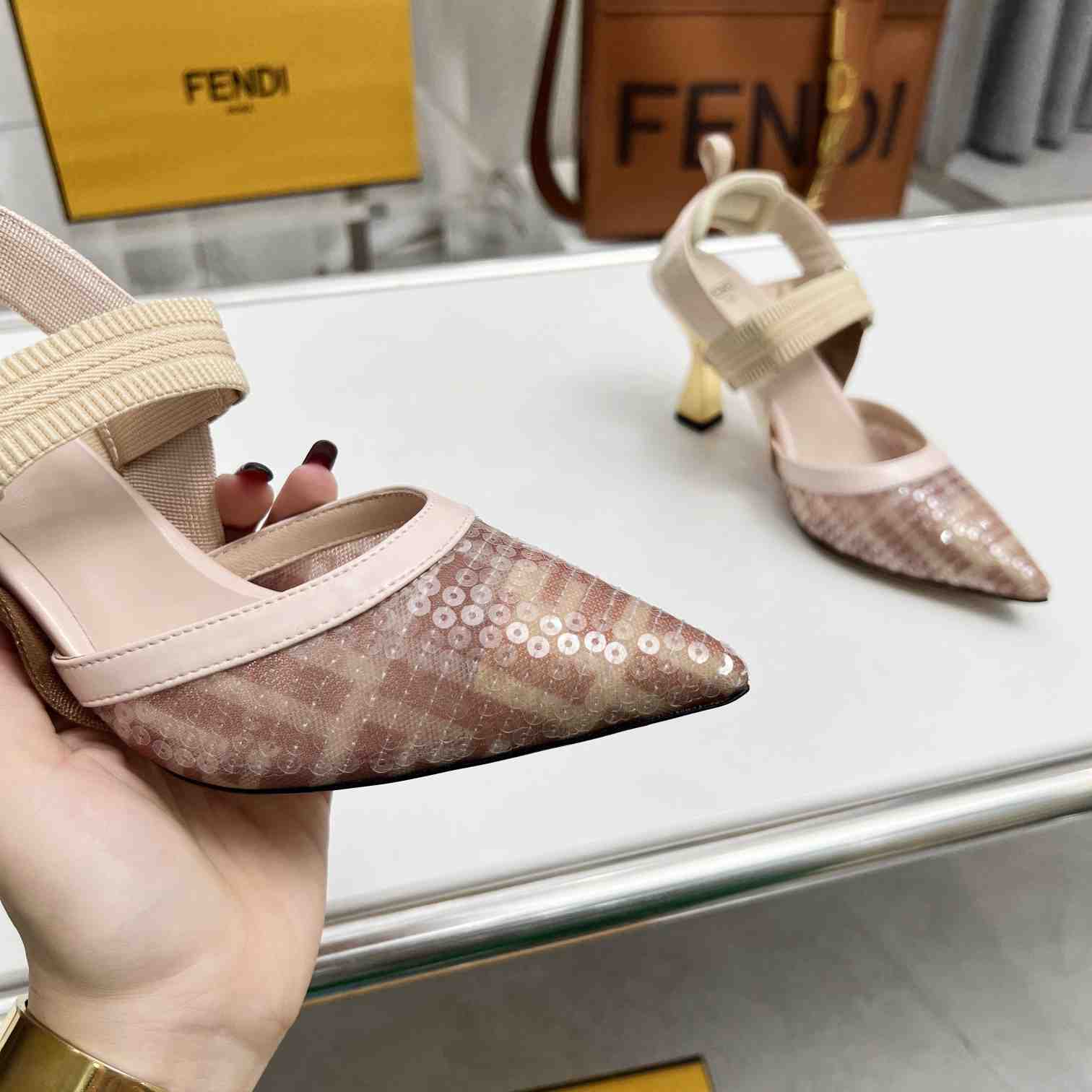 Fendi Colibrì Pink Mesh Medium-heeled Slingbacks - FashionPlug