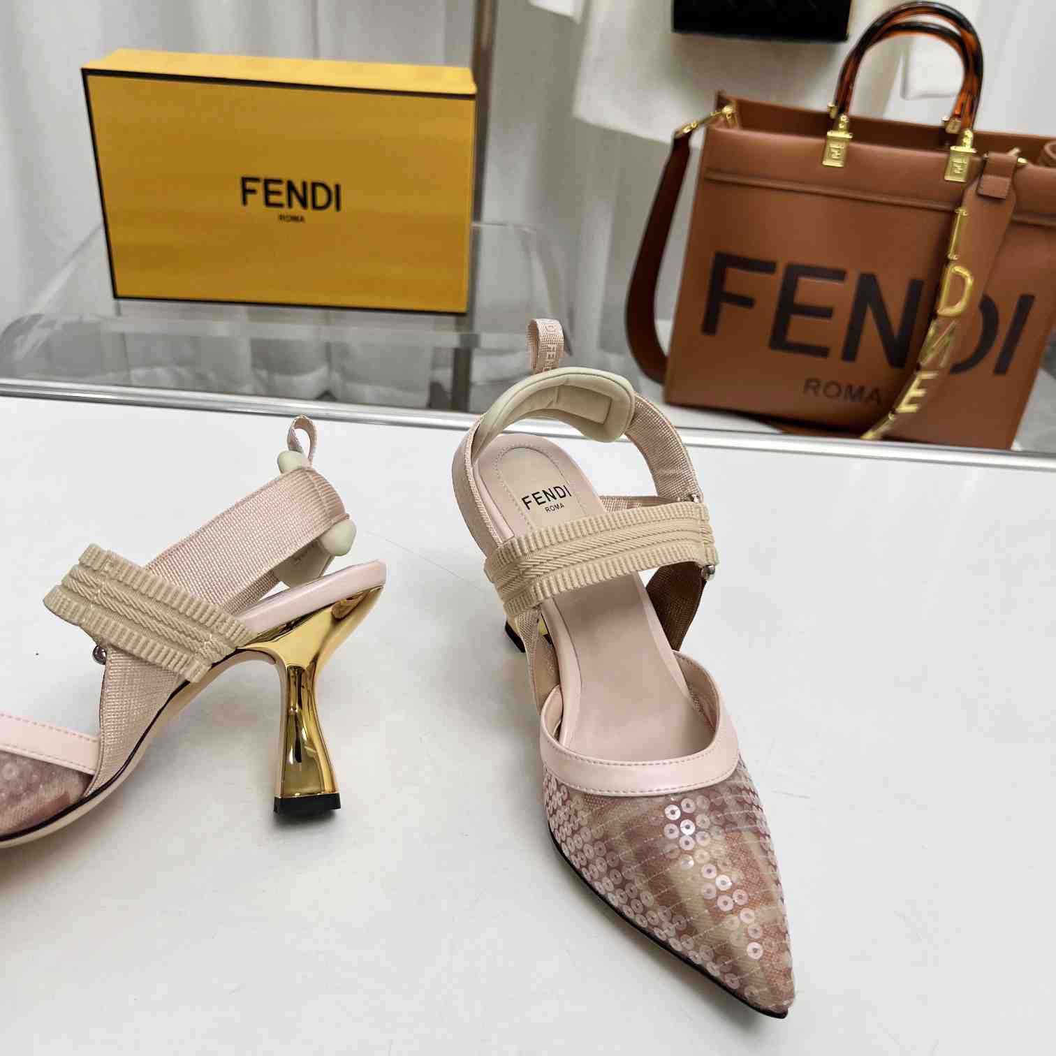 Fendi Colibrì Pink Mesh Medium-heeled Slingbacks - FashionPlug