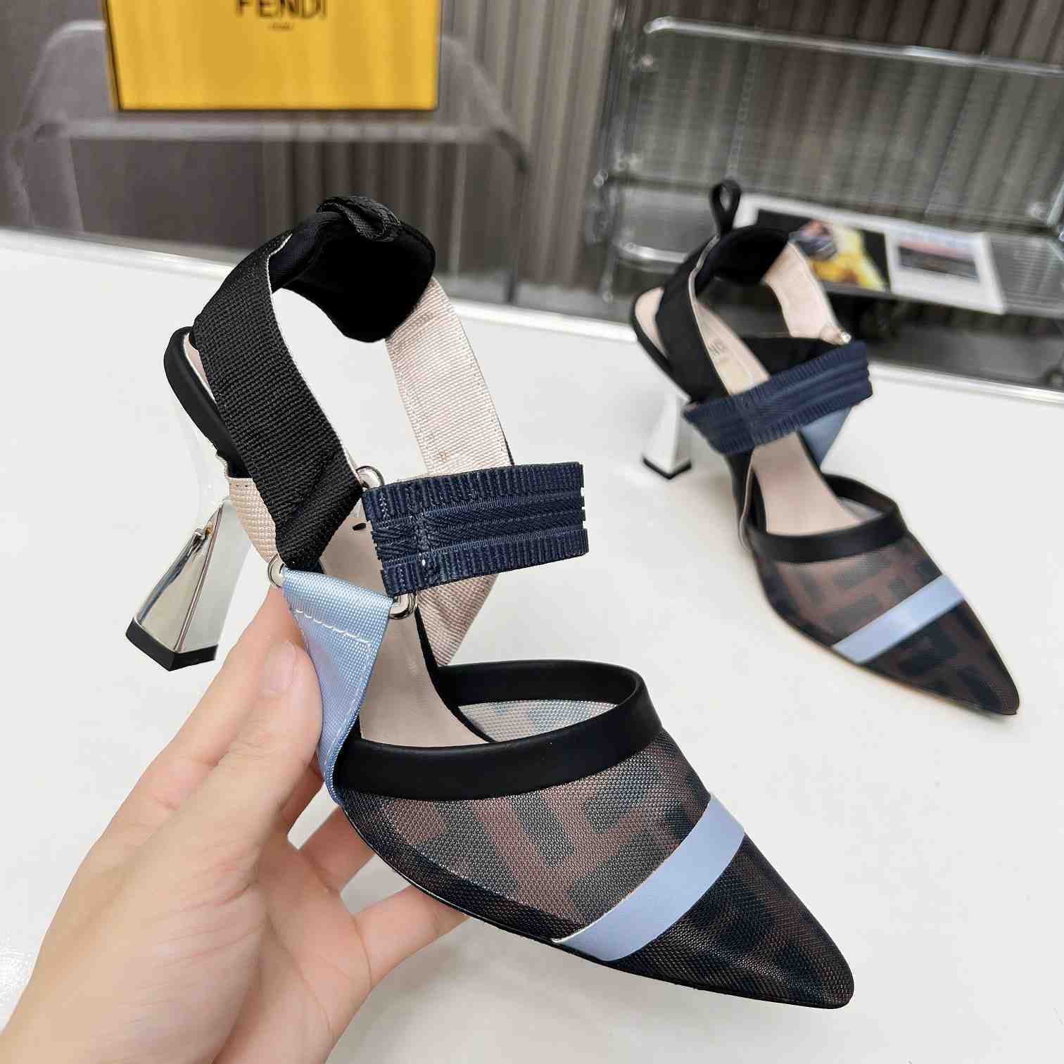 Fendi Colibrì Blue Mesh High-heeled Slingbacks - FashionPlug