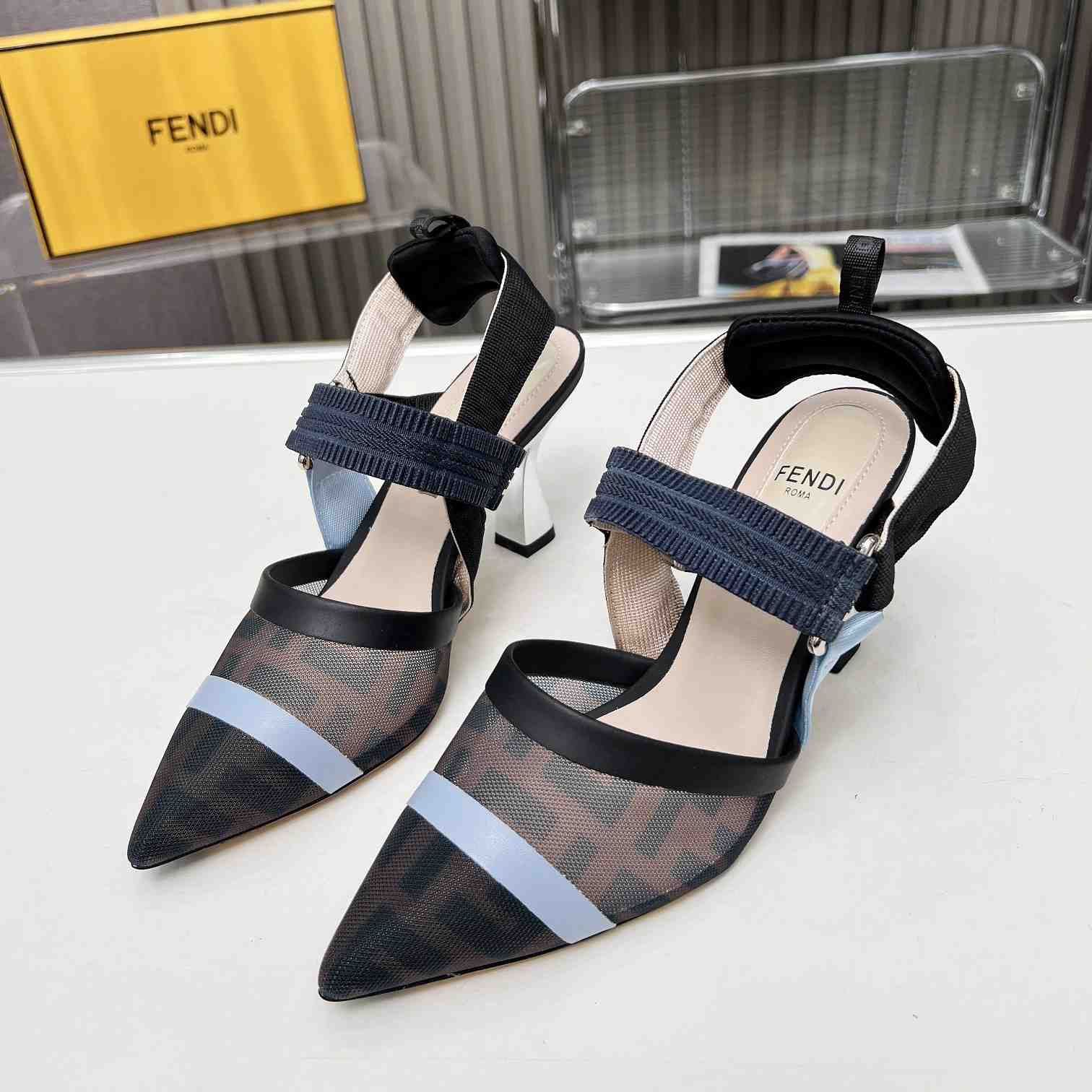 Fendi Colibrì Blue Mesh High-heeled Slingbacks - FashionPlug