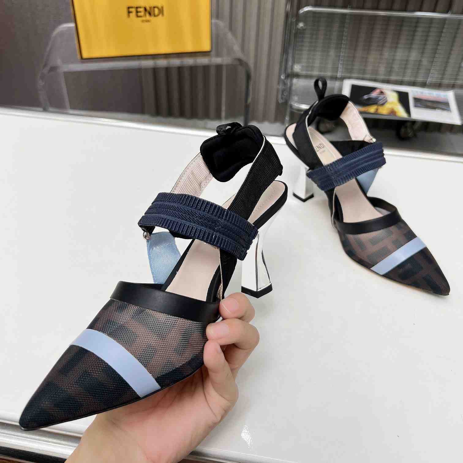 Fendi Colibrì Blue Mesh High-heeled Slingbacks - FashionPlug