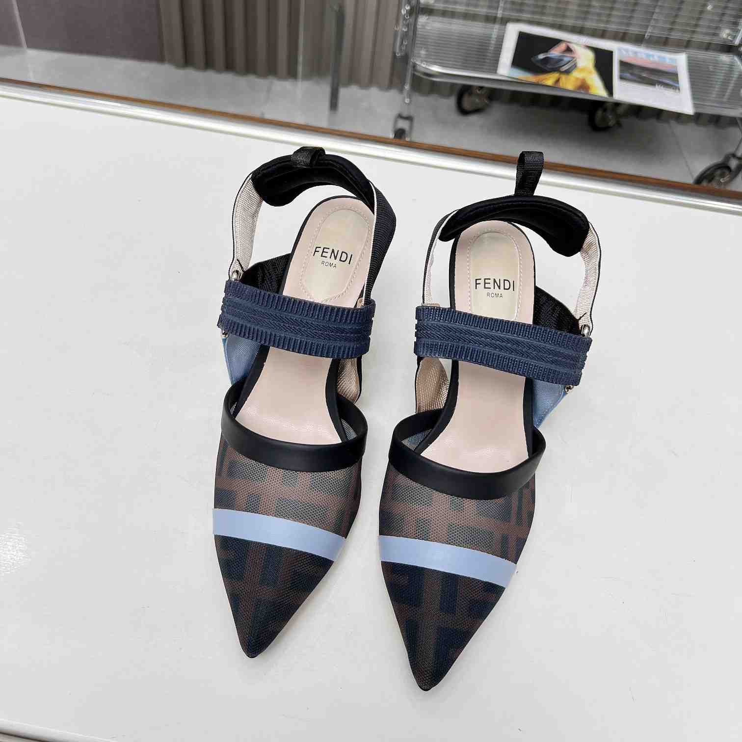 Fendi Colibrì Blue Mesh High-heeled Slingbacks - FashionPlug
