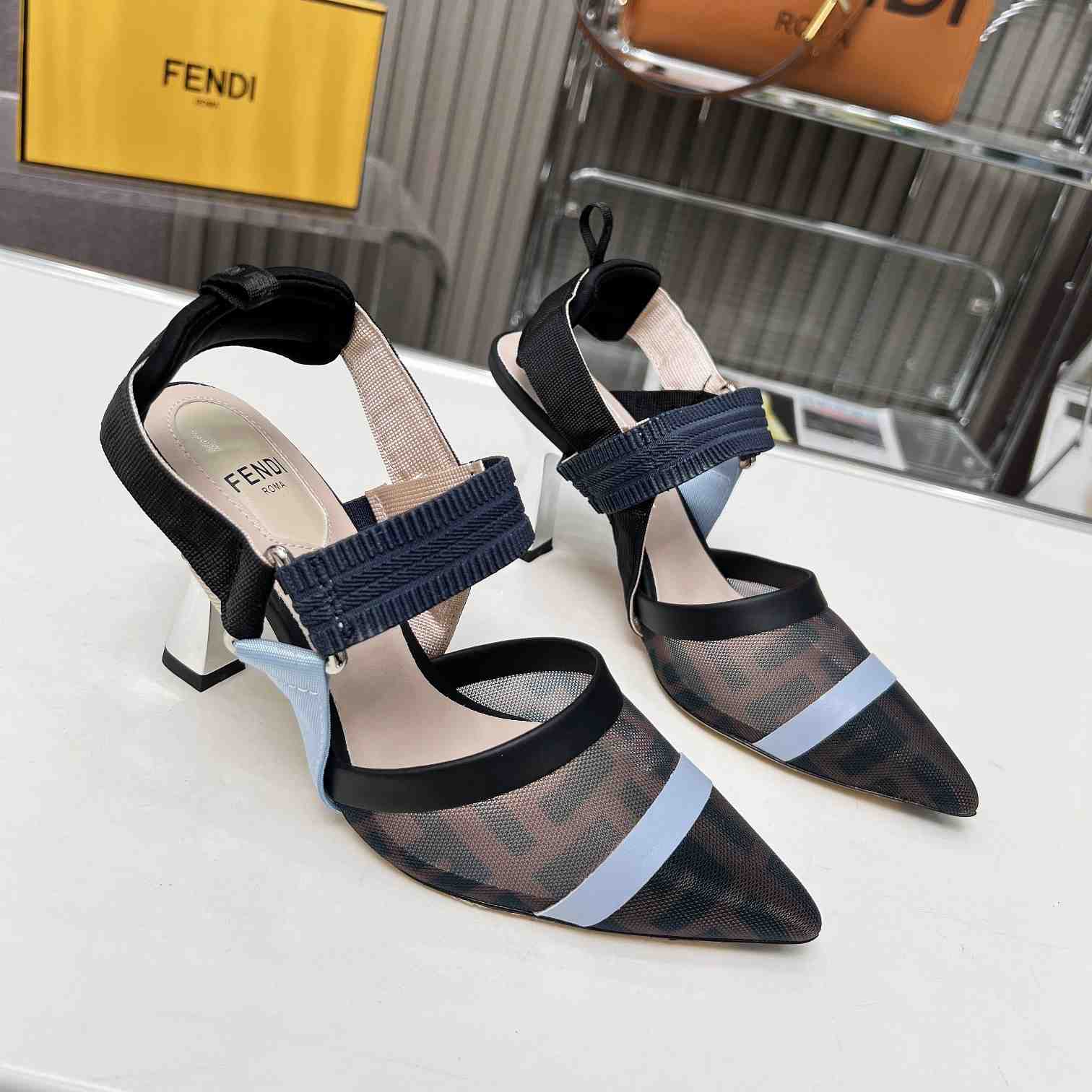 Fendi Colibrì Blue Mesh High-heeled Slingbacks - FashionPlug