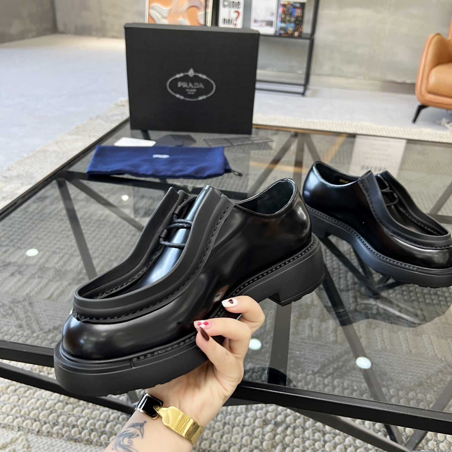 Prada Brushed Leather Lace-up Shoes - FashionPlug